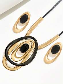 2件套 时尚中东几何派对节日椭圆形镂空设计耳环和吊坠首饰套装，独特的欧美风格 - 彩色 - 查看 2