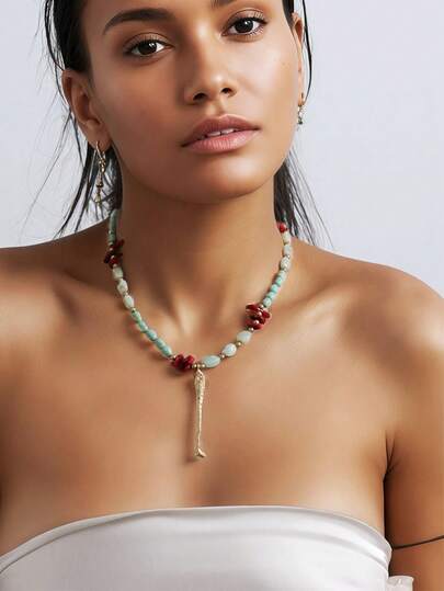 1pc Minimalist Acrylic Beaded Necklace With Metal Fish Pendant, Casual Everyday Wear For Women