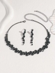 3pcs Women's Jewelry Set: Necklace, Earrings, Elegant And Sophisticated For Party, Bride, Wedding - Black - View 3