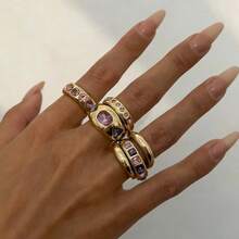6pcs/Set Fashionable Pink & Purple Gemstone Design Charm Rings Set, Snake Geometric Cubic Zirconia Stacking Rings, European & American Style Rings For Party Accessories - Multicolor - View 6