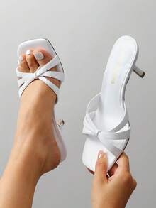 Women Crisscross Strap Kitten Heeled Sandals Fashionable Casual Slip-On High Heel Mules Comfortable Party Wedding Dress Shoes - 白色 - 查看 2