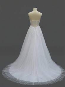 YOUKEFEIER Spaghetti Strap V-Neck Lace Embroidered Champagne Long Wedding Dress, Suitable For Outdoor, Lawn, Beach Weddings - White - View 10