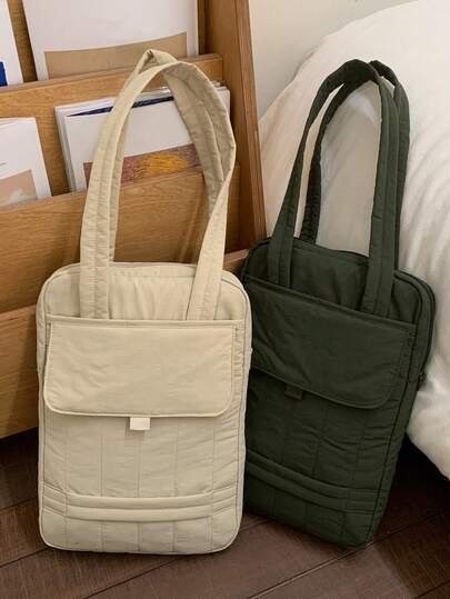 Large Capacity Quilted Solid Color Laptop Bag, 11 Inch Minimalist Flip-Cover Handbag, Nylon Material, Multiple Colors Available, Built-In Laptop Compartment, Main Compartment + Front Flap Pocket Design, Notebook Briefcase, Business & Casual Dual-Use, Suitable For Work Commute, Student Classes, Lightweight & Practical Multipurpose Tote