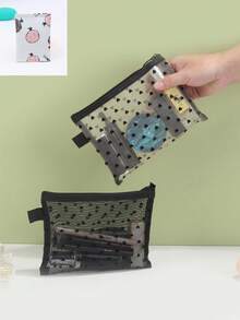 Heart Print Pattern Mesh Cosmetic Bag, Portable Makeup Bag Large Capacity Makeup Organizer Bag, Coin Purse Toiletry Bag Travel Portable Storage Bag, Small Hollow Mesh Cosmetic Bag Women - Black - View 11