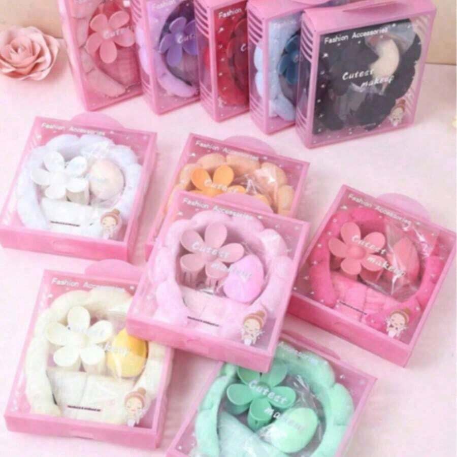 5 Pcs Girls Sponge Spa Headband Face Wash Wristbands With Large Plastic Flower Hair Claw Clip Gift Set Facial Hairband Hair Stuff Hair Accessories Set With Delicate Box For Party Gifts And Daily Use - Bộ 5 món hoa 5 cánh màu xanh dương - Xem 1