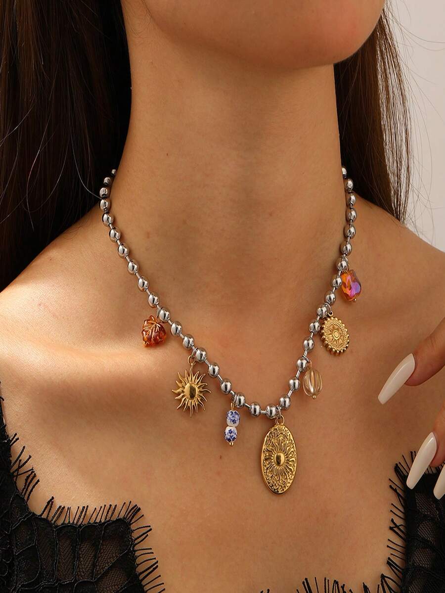 1件装 时尚简约多元素椭圆形雕刻向日葵吊坠不锈钢串珠项链 女士 - 金色 - 查看 1