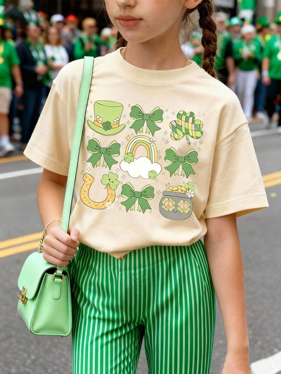 St. Patrick's Day Girls' Cartoon Clover & Bow Print Round Neck T-Shirt, Casual Soft Top For Spring/Summer