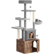 Árbol para gatos con caja de arena, casa de juegos grande y alta de varios niveles con moderno condominio, hamaca espaciosa, cómoda percha superior, postes de sisal y bolas colgantes, muebles de madera para gatos de interior, color marrón. - Marrón - Ver 9