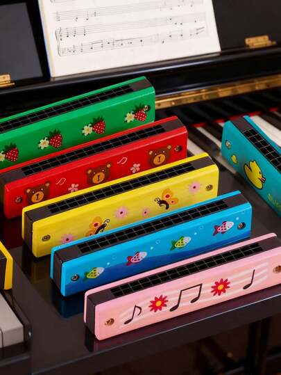 Set de 3 piezas/5 piezas/8 piezas de armónica de madera colorida, armónica de madera de lujo de 16 orificios, disponible en varios colores y patrones de dibujos animados, que inspira el talento musical, mejora la percepción musical, adecuado como regalo de cumpleaños, regalo festivo, regalo de instrumento musical, para tocar y soplar con la boca