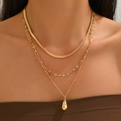 3pcs/Set Minimalist High-End Gold Tone Chain Necklace, Vintage Water Drop Pendant Necklace Jewelry Set, Suitable For Daily Wear, Dates, Parties, Music Festivals, Chain Length Varies