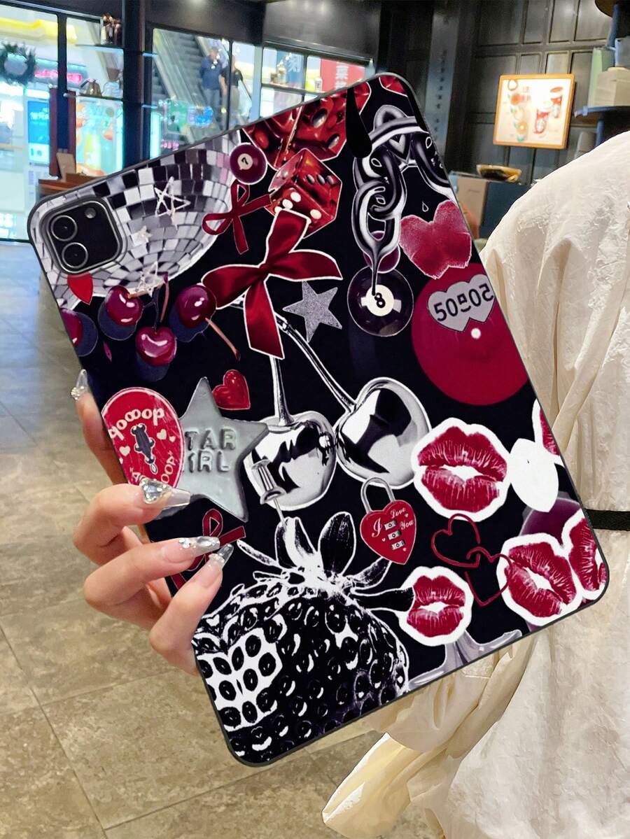 Funda protectora mate negra para iPad, con collage de estilo Y2K "baddie", con diseños retro de bola de discoteca, cereza, labios rojos, estampado de leopardo, lazo y candado de amor - Negro - Ver 1