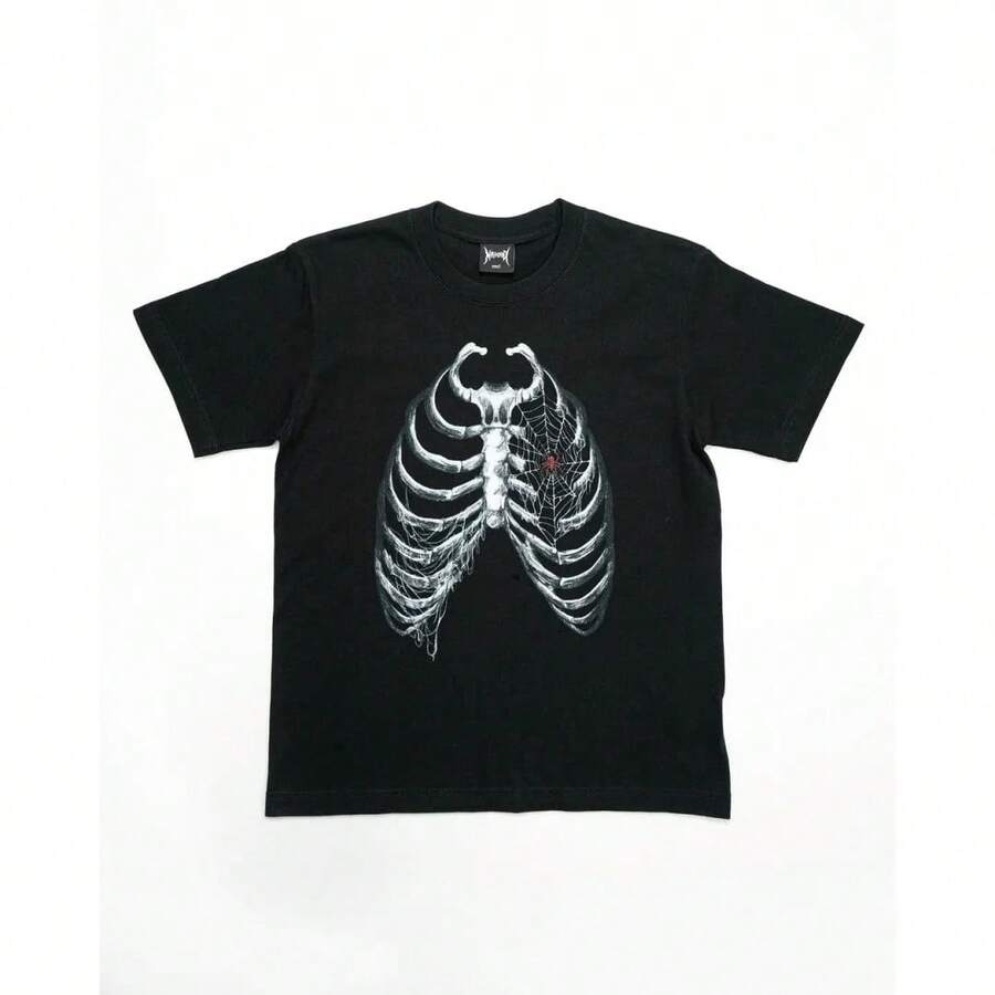 CALIENTE Camiseta de diseño de calavera retro americana Moda de verano Camiseta deportiva de algodón para hombres Camiseta para niños Ropa de hombre Y2k - Negro - Ver 1