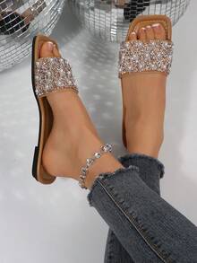 Dép lê nữ mới, đính đá lấp lánh, thời trang cao cấp, nhẹ, kiểu dáng thường ngày, dép đi biển. - Màu be - Xem 4