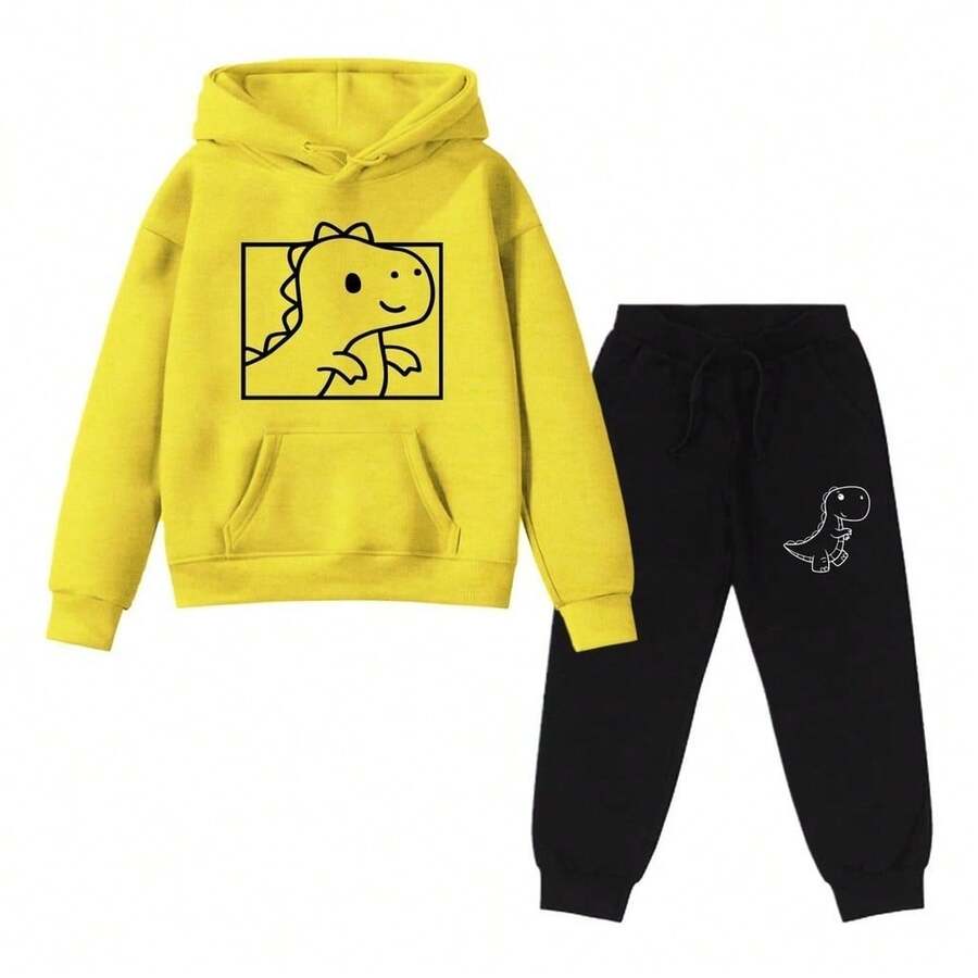 Children's Dinosaur Printed Sweatshirt And Sweatpants Set For School - 黃色 - 查看 1