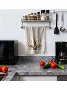 Set de 2 toallas de conejo de pascua en beige, hechas de tela tejida altamente absorbente, inodora, adecuada para uso en baño y cocina - Plateado - Ver 5