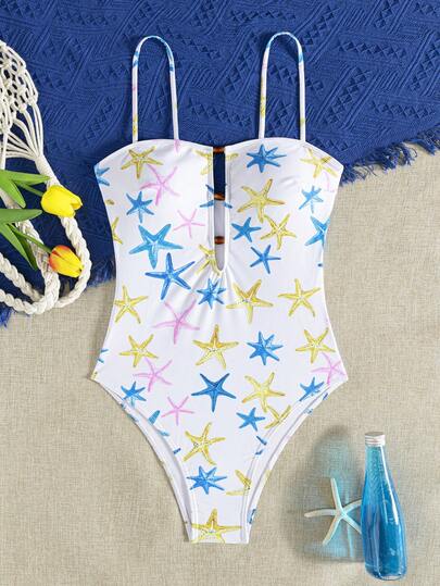 wohenmeili Traje de baño de una pieza con tirantes finos y estampado de estrellas de mar, adecuado para la playa y el verano