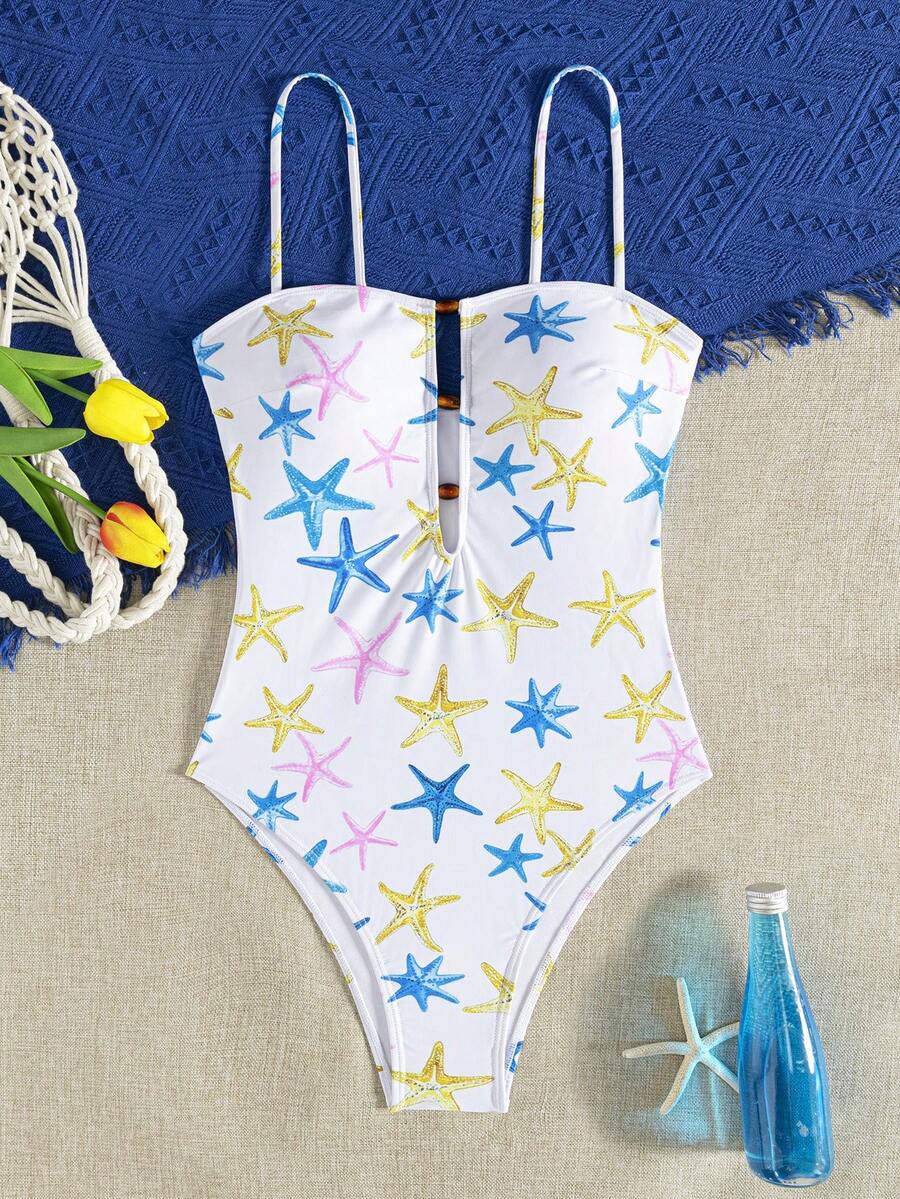 wohenmeili Spaghetti Strap Starfish Print One-Piece Swimsuit, Suitable For Beach & Summer - White Background With Blue, Yellow and Red Stars - View 1