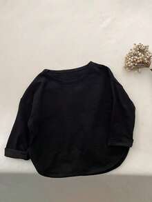 3pcs Kids Lightweight Long Sleeve Solid Color Bamboo Knit T-Shirts, Loose Fit Casual Tops For Boys & Girls - Black - View 3