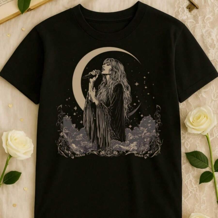 Celestial Singer Tee StevieNicks Inspired Bohemian Style Moon Phases Graphic Tee Music Lover Gift Festival Clothing Uni - 黑色 - 查看 1