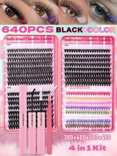 640PCS Individual Lash Clusters 9 Colored Large Capicity D Curl 9-16mm Mixed DIY Lash Clusters Natural Look&Wispy&Colorful Reusable DIY Eyelash Extension Kit With Makeup Tool Lash BOND&SEAL And Tweezers For Beginner Use At Home Or On-The-Go For Daily Life&Dating&Wedding&Party&Music Festival&Halloween