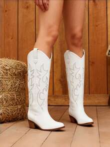 White Cowgirl Outfits For Women Boots Pointed Toe Knee High Cowboy Boots Women Pull On Zipper Chunky Heel Summer Boots Country Concert Combat Boots For Women - White - View 4