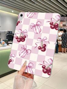 Aesthetic Style Pink & White Checkered, Bow & Cherry Pattern Transparent Tablet Case, Compatible With IPad A16, IPad 10.2 7th Gen 2019, IPad Pro 11-Inch 2020, IPad Air 5th Gen 2022, Suitable For 10th Gen IPad - Clear - View 1