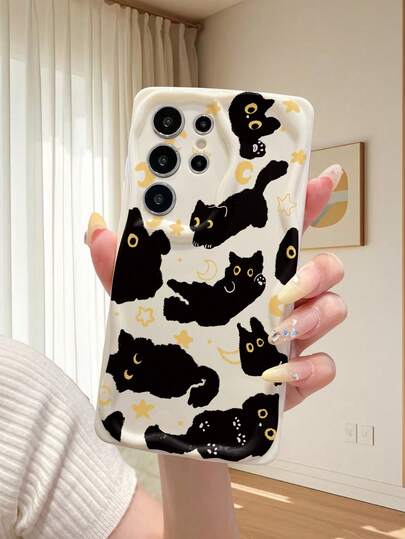 1pc Minimalist Black Cat, Moon & Star Pattern Soft Silicone Shockproof Lens Protection Phone Case, Compatible With IPhone 17/17 Pro/17 Pro Max/16/11/16 Pro, Galaxy S25/S25 Plus/S25 Ultra, Redmi A3/12/13, Vivo Y20/Y21/Y36, Transsion Phones, Fashionable & Protective