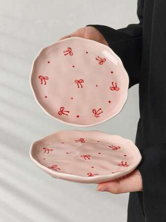 1个/2个法式可爱粉色蝴蝶结陶瓷餐盘，手绘釉面，西式牛排/意面盘，水果沙拉盘，甜点蛋糕盘，节日礼物，送女友的礼物