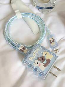 可爱卡通三只小狗蓝色充电器保护套 - 兼容 15/16/17 20W 充电器，防止数据线断裂，情人节礼物 - 淺藍色 - 查看 9