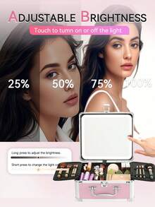 Makeup Bag With LED Mirror Makeup Box Travel Train Case With Rechargeable Lighted Mirror & Adjustable Dividers Cosmetic Brush Organizer Storage For Makeup Artists Gifts For Women And Girls - 西瓜粉 - 查看 4