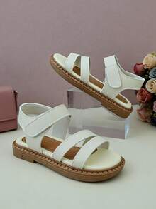 2026春夏幼儿鞋（3-12岁），限量版软底学步鞋，PU材质，双前绑带及魔术贴踝带，复古棕色缝线鞋底，亲肤柔软内里，防滑柔韧橡胶鞋底，露趾双魔术贴设计，适合夏季日常穿着 - 白色 - 查看 1