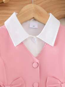 4pcs Girls Cute Preppy Style 3D Bow Sleeveless Vest + Long Sleeve Shirt + Fake Pocket Skirt With Belt, Autumn/Winter - Pink - View 4