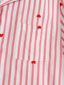 Striped Heart Print Women Short Sleeve Pajama Set - Pink - View 4