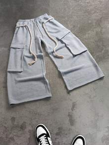Men's Light Grey Wide Leg Cargo Pants With Drawstring, Tassel Details, Elastic Waist, Street Style - Light Grey - View 4