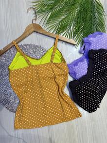 Set Of 3 Polka Dot Tank Tops With Built-In Bra Cups, Made Of Pretty Viscose/Lycra Fabric. - Mostaza + morado claro + marrón - Ver 2