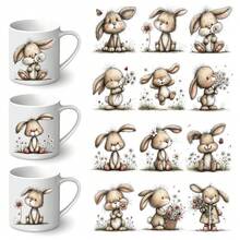 12张趣味复活节兔子主题UV转印贴纸 - 适用于DIY工艺品、马克杯、笔记本电脑和水瓶，自粘塑料贴纸，DIY马克杯装饰，笔记本电脑贴纸，节日装饰，喜庆设计，高品质印刷，耐用贴纸 - 彩色 - 查看 1