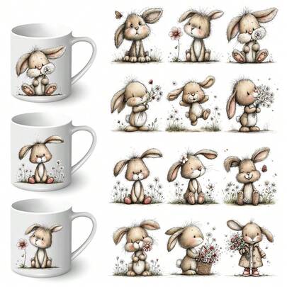 12pcs Whimsical Bunny Easter Rabbit Themed UV Transfer Stickers - For DIY Crafts, Mugs, Laptops & Water Bottles, Self-Adhesive Plastic Decals, DIY Mug Decoration, Laptop Decals, Holiday Decorations, Festive Designs, Highquality Prints, Durable Decals