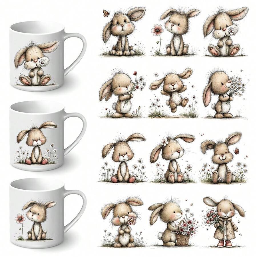 12张趣味复活节兔子主题UV转印贴纸 - 适用于DIY工艺品、马克杯、笔记本电脑和水瓶，自粘塑料贴纸，DIY马克杯装饰，笔记本电脑贴纸，节日装饰，喜庆设计，高品质印刷，耐用贴纸 - 彩色 - 查看 1