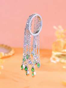 1 chiếc nhẫn nữ thời trang dài có tua rua, mạ bạc, hình lá màu xanh lá cây đính đá Cubic Zirconia, kiểu dáng thả dài, trang sức giả cổ, thích hợp đeo hàng ngày, dự đám cưới, lễ đính hôn, tiệc tùng, dạ hội - Quà tặng cho phái nữ, quý cô, bạn gái, vợ. - màu xanh lá - Xem 10