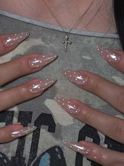 Mejora instantáneamente tu apariencia con el kit de 24 uñas postizas elegantes, vintage, dulces y sencillas de uso diario con diseños de sandía rosa, electrochapado, aurora y puntos blancos, adecuadas para chicas y mujeres elegantes y refinadas para usar en la vida diaria y de compras