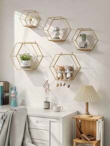 3 piezas/1 pieza Estantería de pared hexagonal dorada, estantería de almacenamiento montada en la pared para decoración del hogar, estantería para exhibición de libros, estantería de arte de hierro, estantería de pared - Dorado - Ver 2