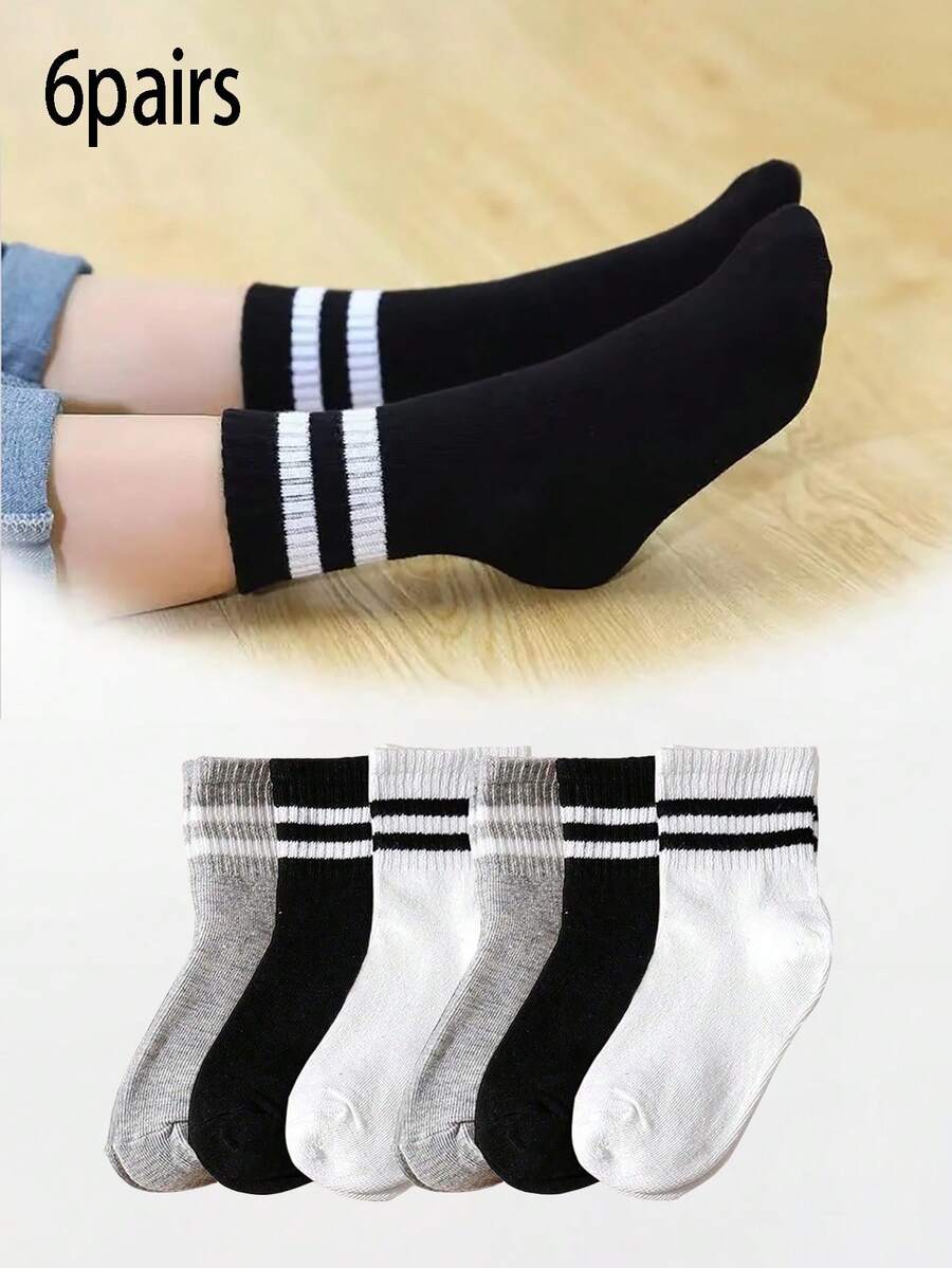 6 Pairs Kids/Students Double Bar Sports White Socks, Casual Athletic Socks For Boys And Girls, Suitable For Spring, Summer, Autumn And Winter Daily Wear - Multicolor - View 1