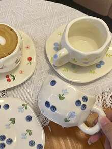 1pc Ins Style Hand-Painted Underglaze Ceramic Coffee Mug, Asymmetrical Hand-Molded Cup, Cute Fruit Pattern Coffee Mug For Home, Afternoon Tea, Milk, Juice, Beverage, Gift For Family, Friends Back To School - Multicolor - View 11