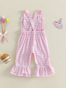 Little Girls Birthday Cami Jumpsuit Sleeveless Letter Balloon Embroidery Plaid Suspender Flared Pants - 粉色 - 查看 7