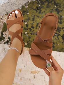 1双女士优雅交叉弹力带平底凉鞋，适合海滩、度假、户外活动、上学、夏季穿着 - 棕色 - 查看 11