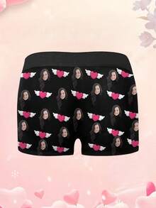 1pc Men's Customized Face & Wings Pink Heart Print Black Soft Smooth Fabric Comfortable Boxer Briefs, Suitable For Valentine's Day And Romantic Gifts - Multicolor - View 2