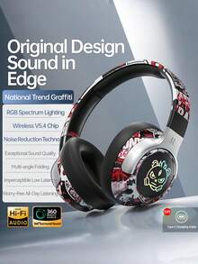 Graffiti Style Wireless Bluetooth Gaming Headphones With RGB LED Lights: 3D Surround Sound & Deep Bass For Teens - Memory Foam Ear Cushions, 40H Playtime, Compatible With PC/Phone - Perfect For Esports, School, Travel & Holiday Gifts - Black - View 5
