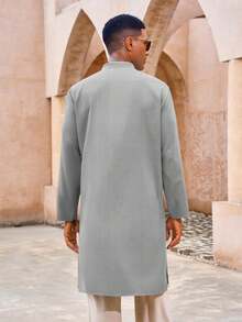 Runcati Mens Kaftan Thobe Casual Henley Shirts Button Up Long Sleeve Robe Muslim Gown Shirt - 深灰色 - 查看 3