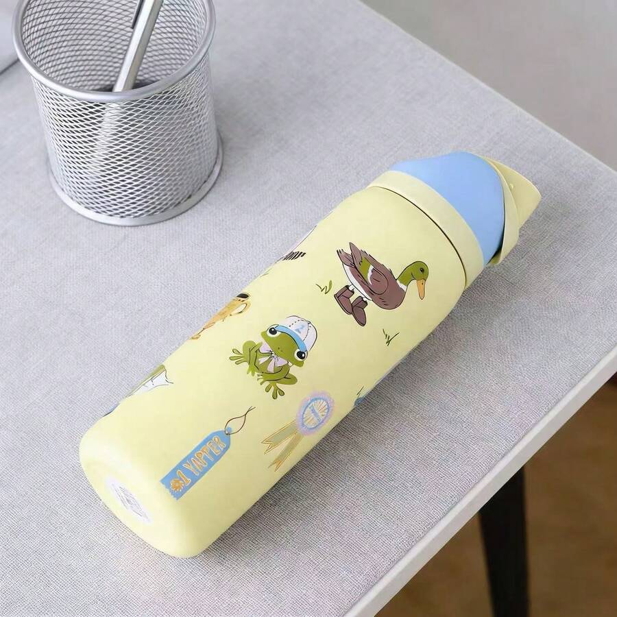 OWALAO 32oz Pastel Yellow Cartoon Animal Print Stainless Steel Insulated Water Bottle With Blue Flip-Top Lid, Double-Wall Vacuum Travel Flask For Office Desks, Weekend Hikes & Daily Hydration, Ideal Christmas & Halloween Gift For Family, Friends & Animal Lovers - Yellow - View 1