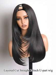 Layered Cut Straight U Part Black Layers Wig Yaki Straight Synthetic Glueless 24inch And 14 Inch Bob Short U Part Bob Wigs For Black Women No Leave Out No Sew In No Glue Clip In Half Wigs - Black - View 3